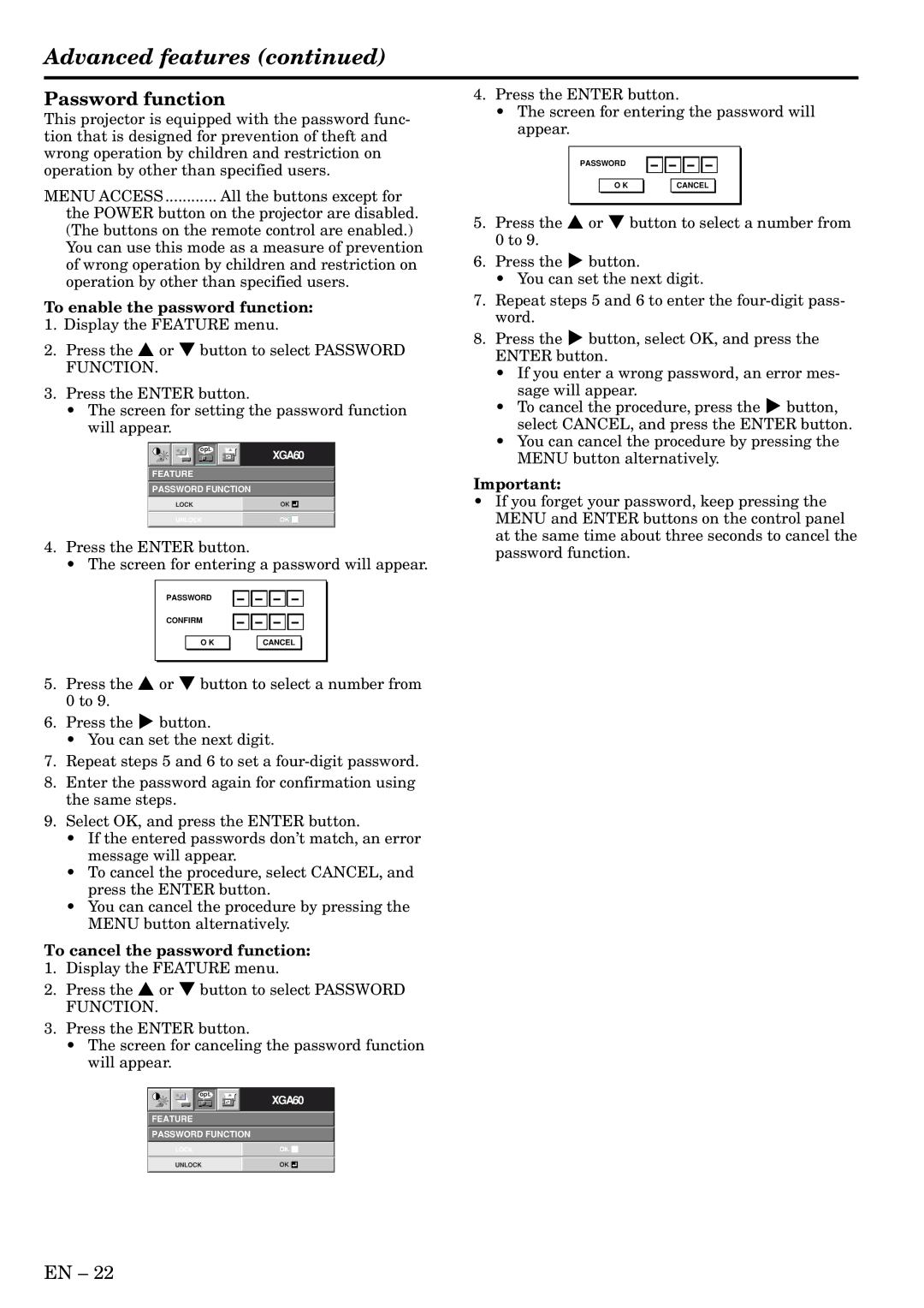 Mitsubishi Electronics HC3 user manual Advanced features, Password function, To enable the password function 