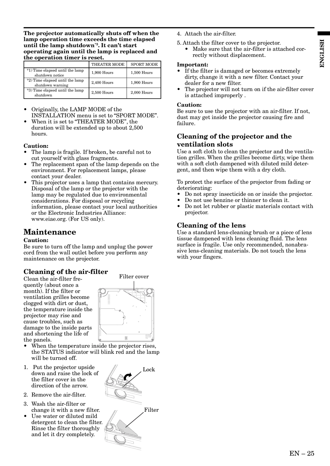 Mitsubishi Electronics HC3 user manual Cleaning of the air-filter, Cleaning of the projector and the ventilation slots 