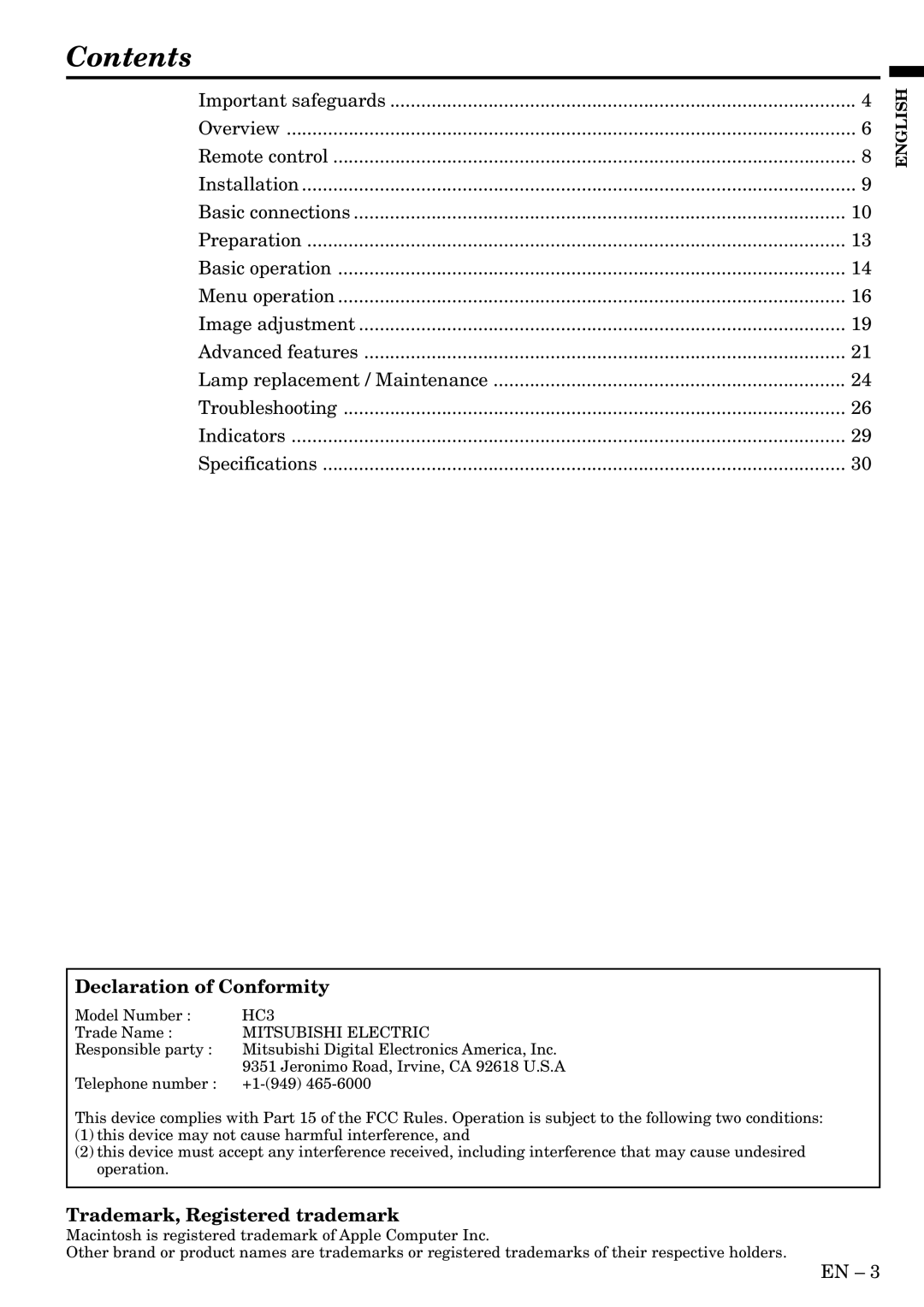 Mitsubishi Electronics HC3 user manual Contents 