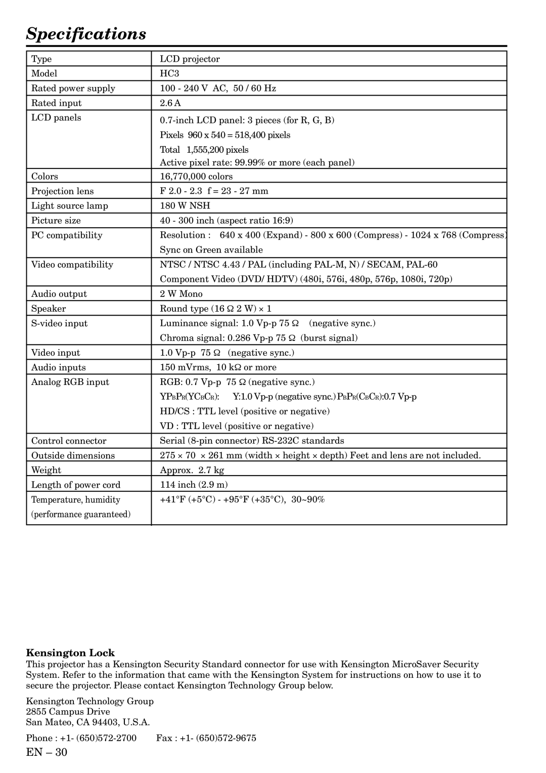 Mitsubishi Electronics HC3 user manual Specifications, Kensington Lock 