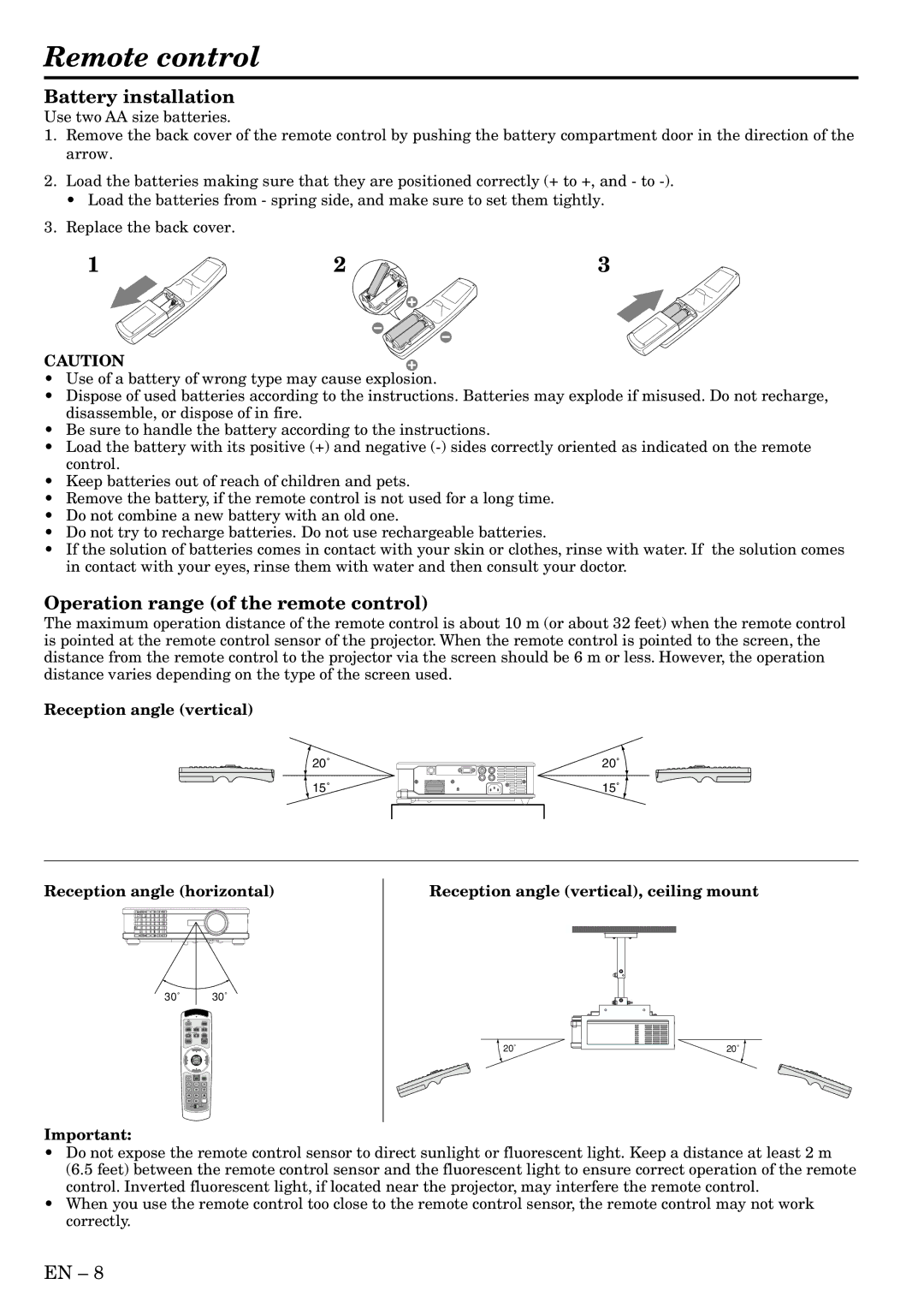 Mitsubishi Electronics HC3 user manual Remote control, Battery installation, Operation range of the remote control 