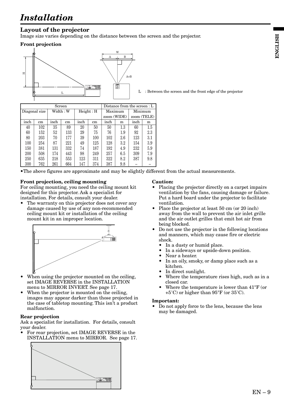 Mitsubishi Electronics HC3 Installation, Layout of the projector, Front projection, ceiling mounting, Rear projection 