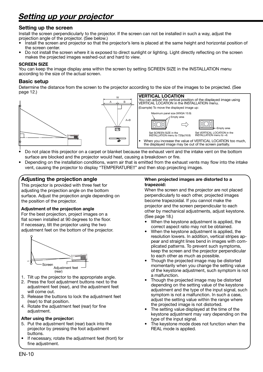 Mitsubishi Electronics HC3000 user manual Setting up your projector, Setting up the screen, Basic setup, EN-10 