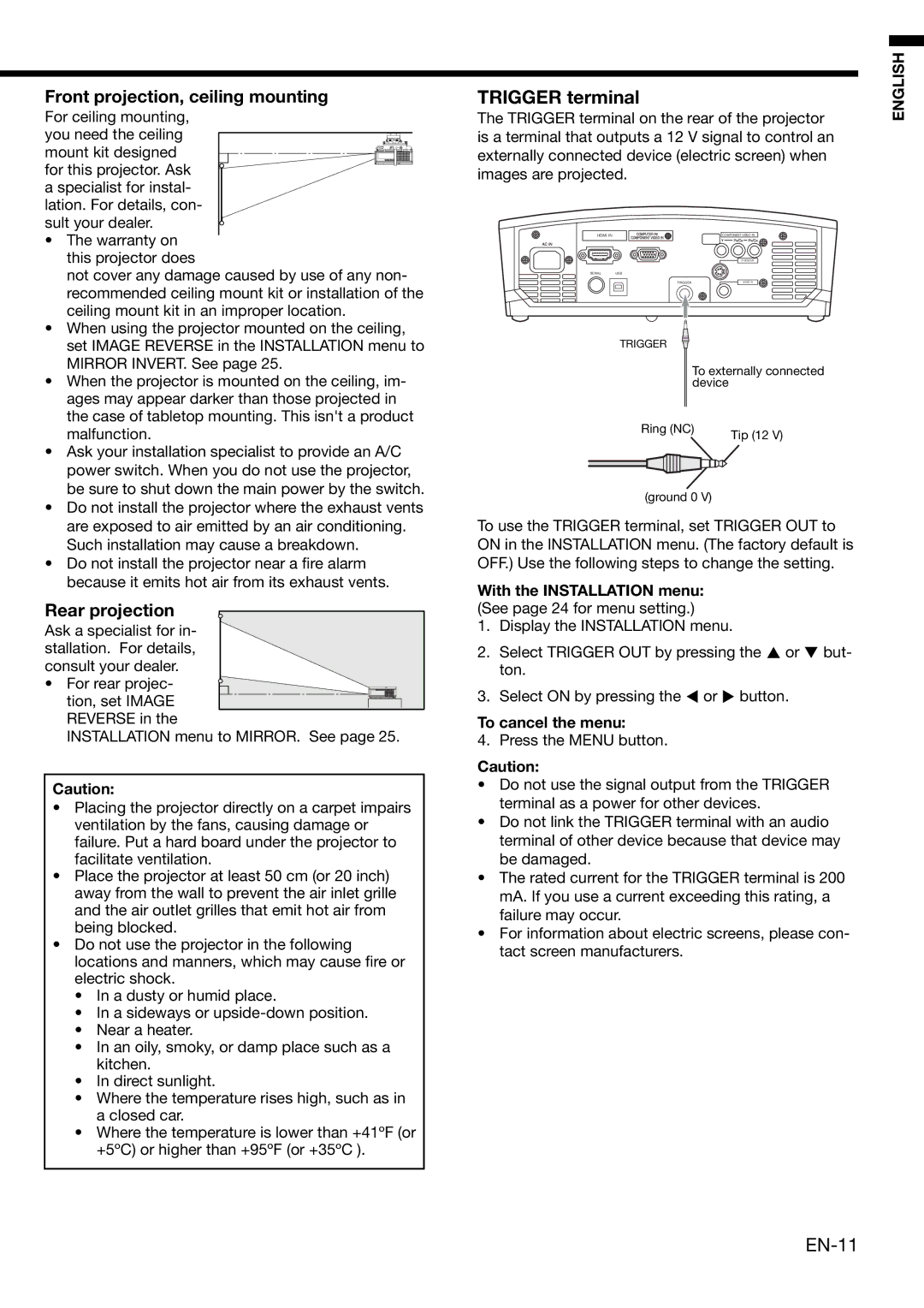 Mitsubishi Electronics HC3000 user manual Trigger terminal, EN-11, With the Installation menu See page 24 for menu setting 