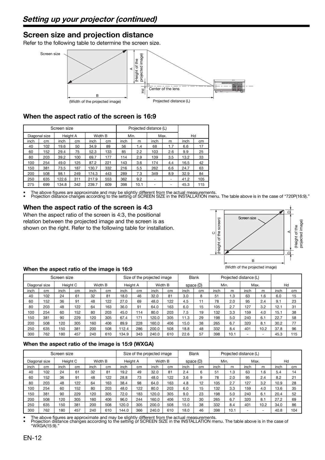 Mitsubishi Electronics HC3000 user manual Setting up your projector, Screen size and projection distance, EN-12 