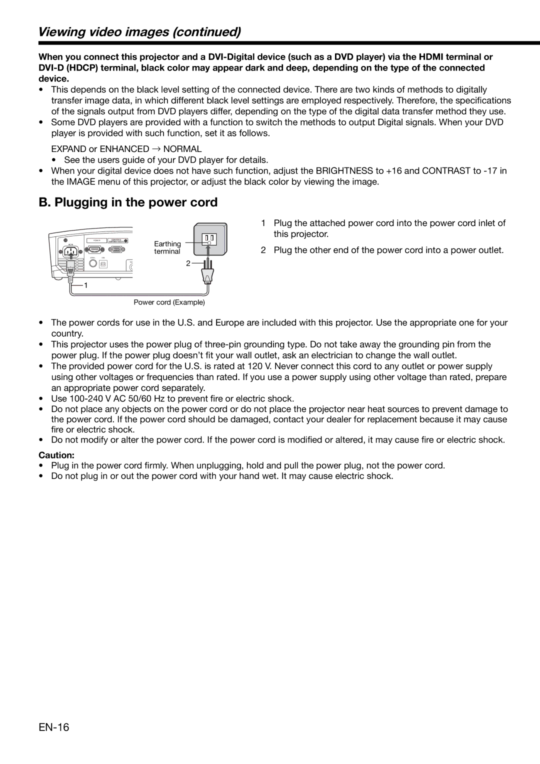 Mitsubishi Electronics HC3000 user manual Plugging in the power cord, EN-16 