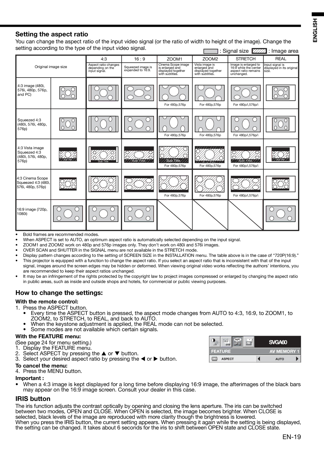 Mitsubishi Electronics HC3000 user manual Setting the aspect ratio, How to change the settings, Iris button, EN-19 