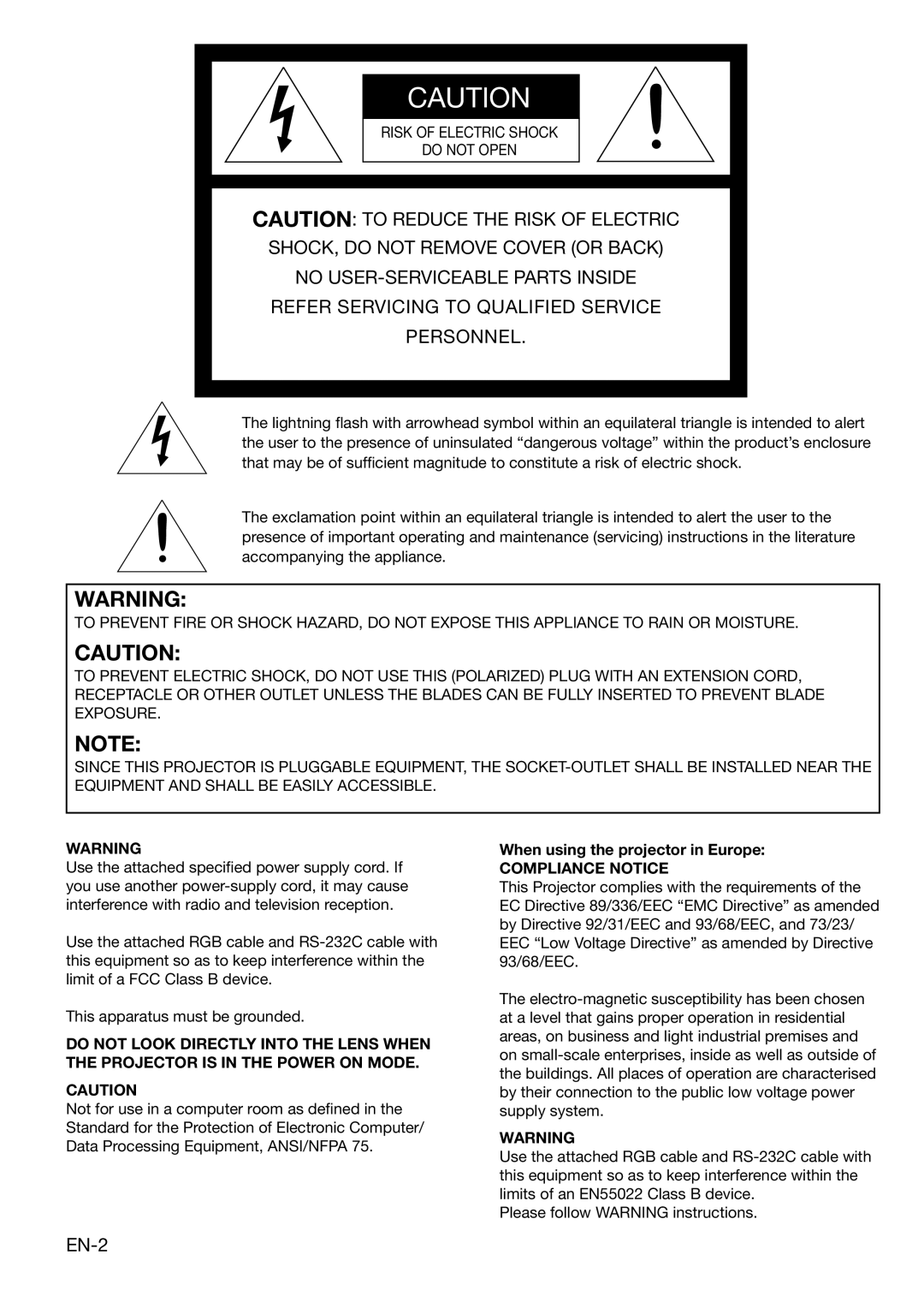 Mitsubishi Electronics HC3000 user manual EN-2, When using the projector in Europe 