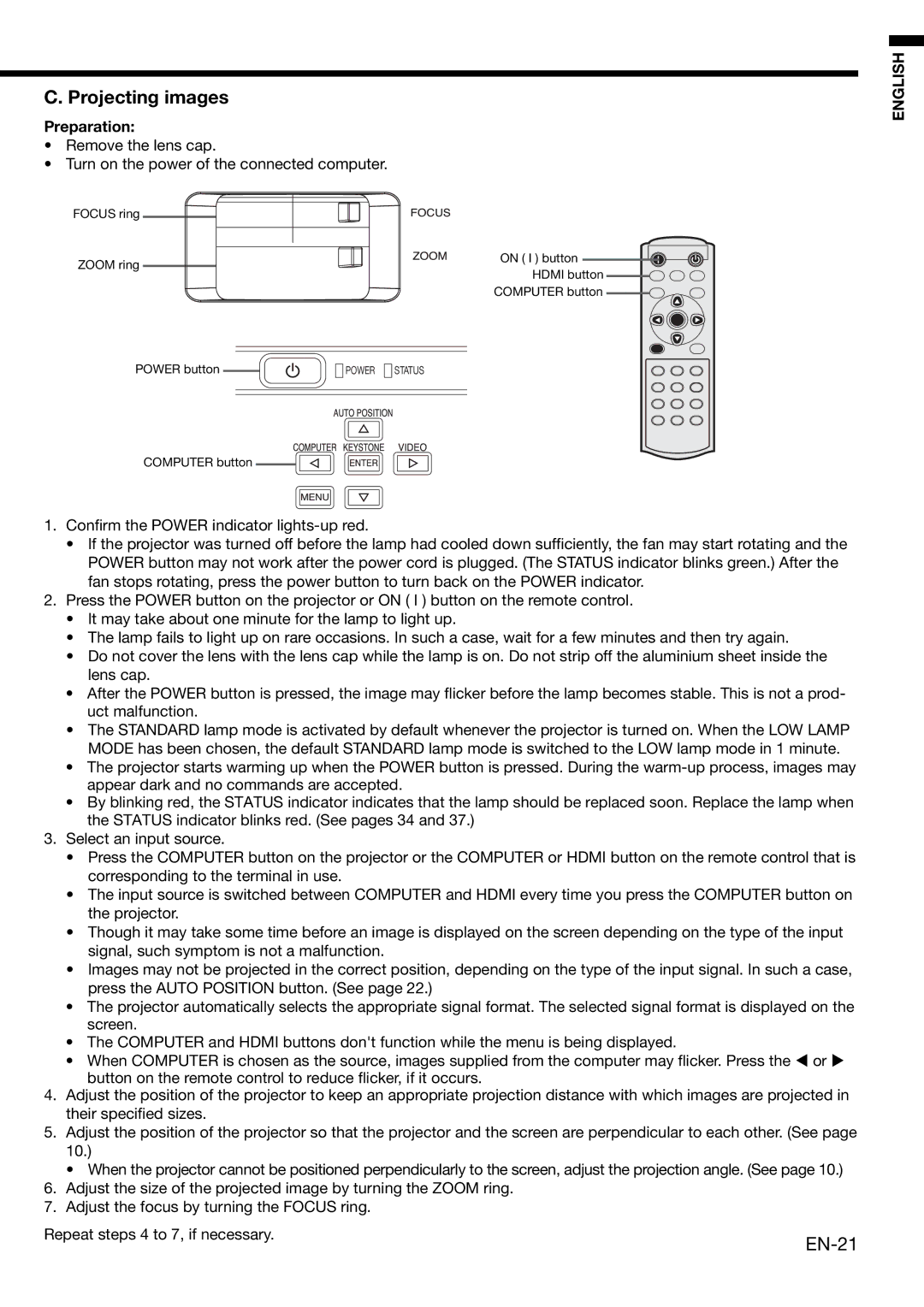 Mitsubishi Electronics HC3000 user manual Projecting images, EN-21 