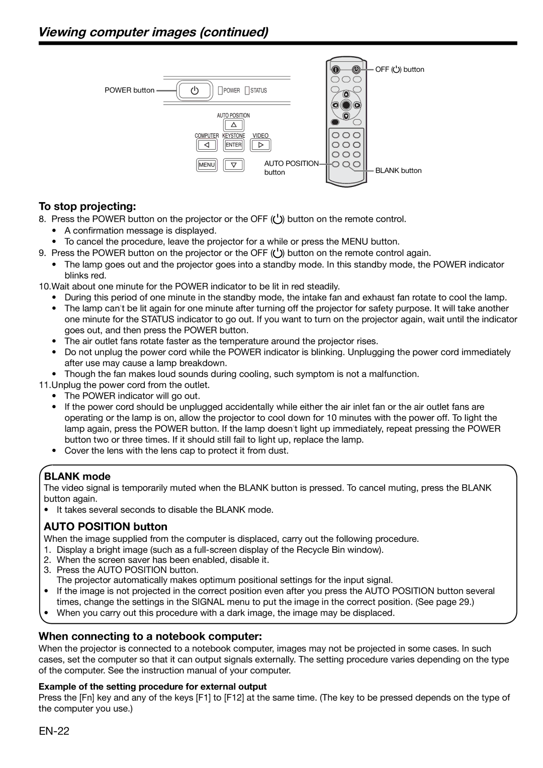 Mitsubishi Electronics HC3000 Viewing computer images, Auto Position button, When connecting to a notebook computer, EN-22 