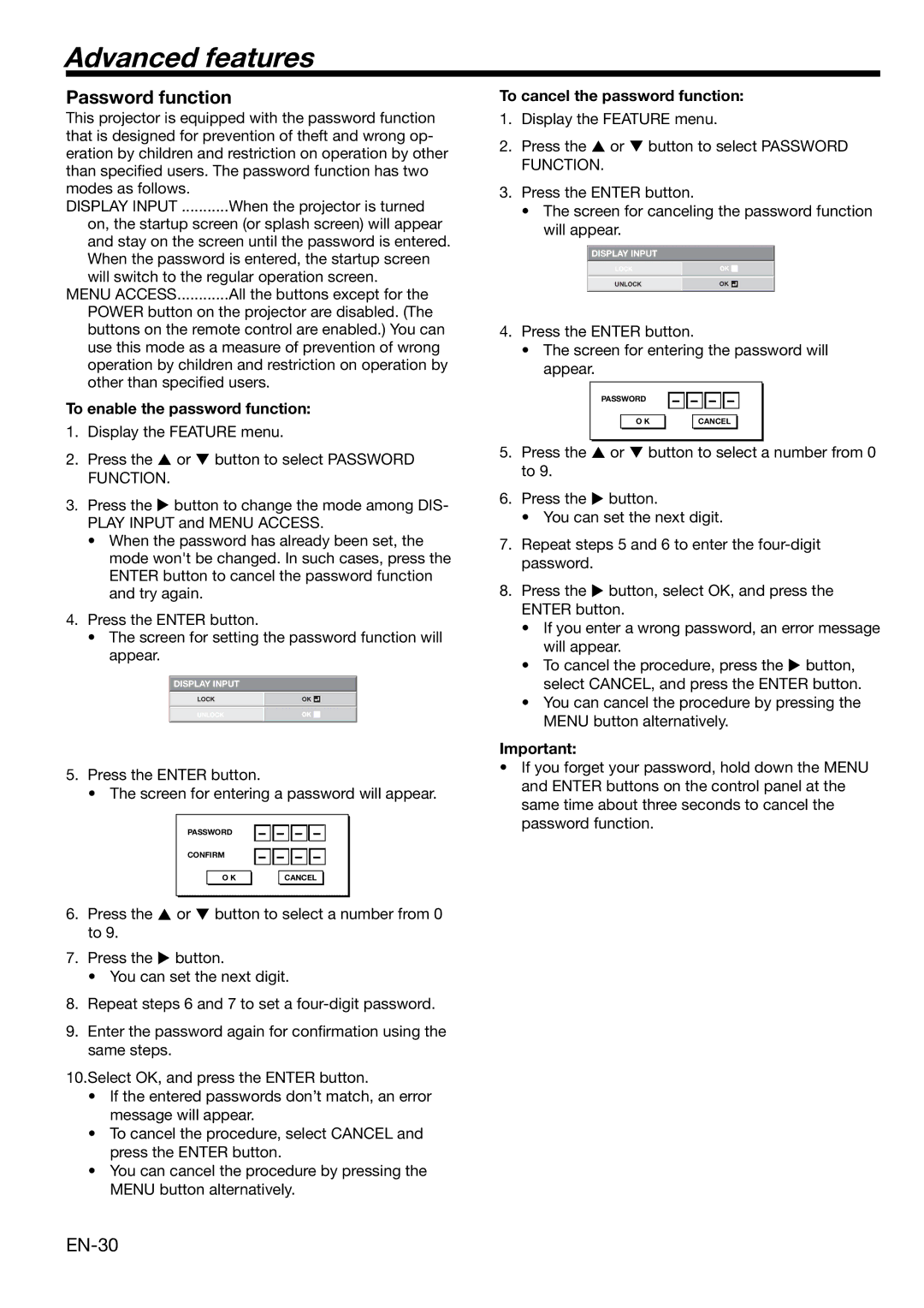 Mitsubishi Electronics HC3000 user manual Advanced features, Password function, EN-30, To enable the password function 