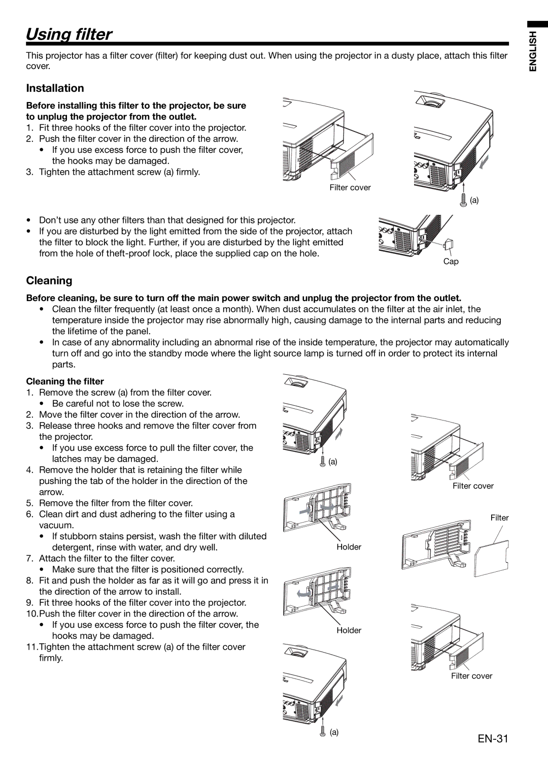 Mitsubishi Electronics HC3000 user manual Using ﬁlter, Installation, EN-31, Cleaning the ﬁlter 