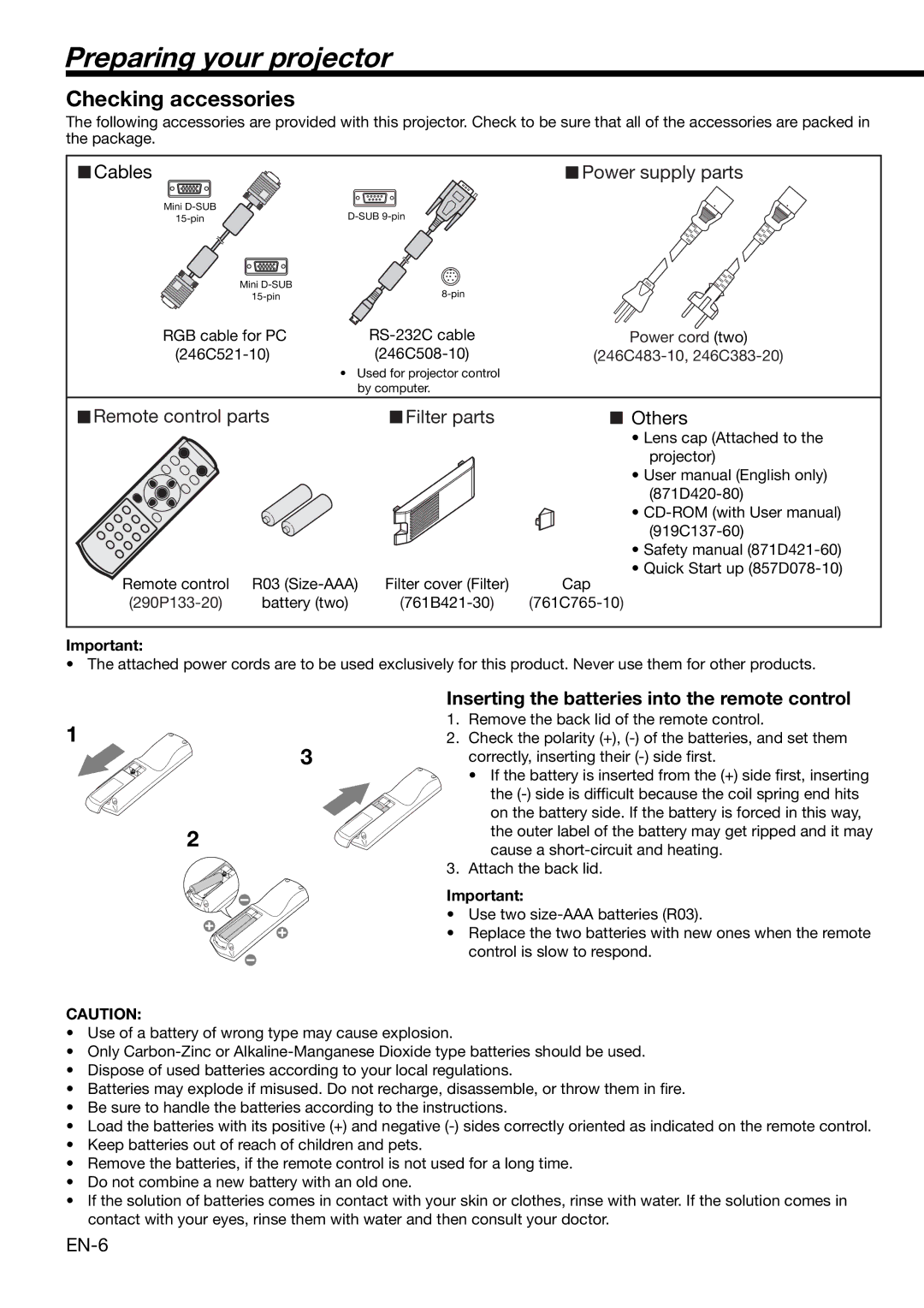 Mitsubishi Electronics HC3000 user manual Preparing your projector, Checking accessories, Cables, EN-6 