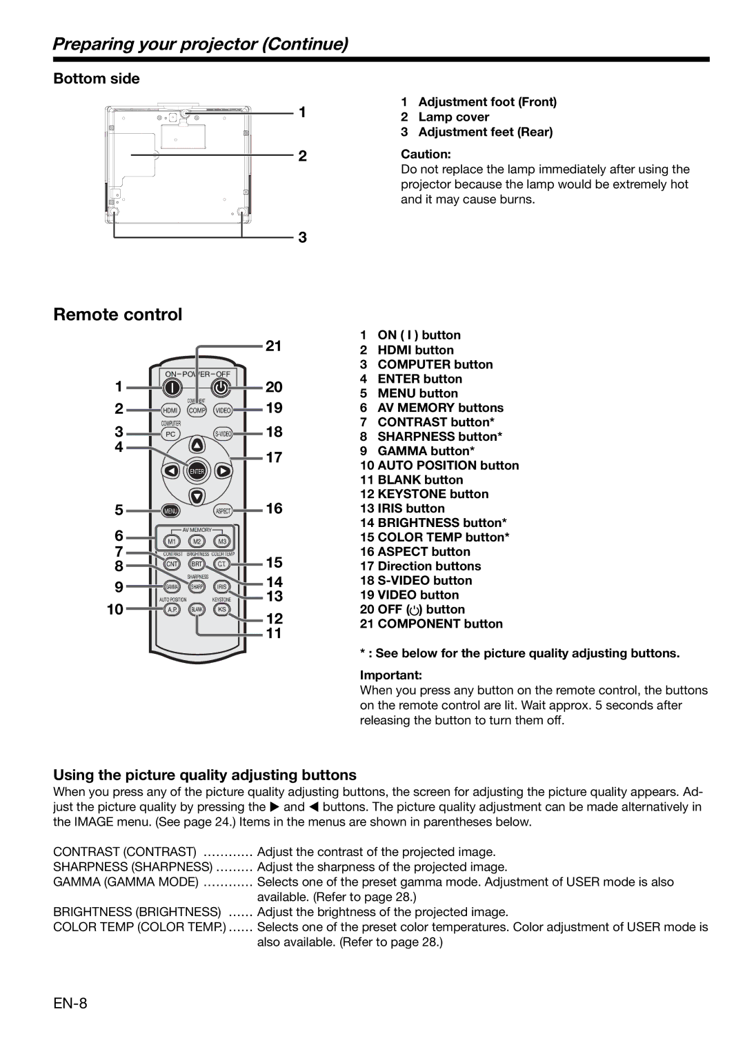 Mitsubishi Electronics HC3000 user manual Preparing your projector Continue, Remote control, Bottom side, EN-8 