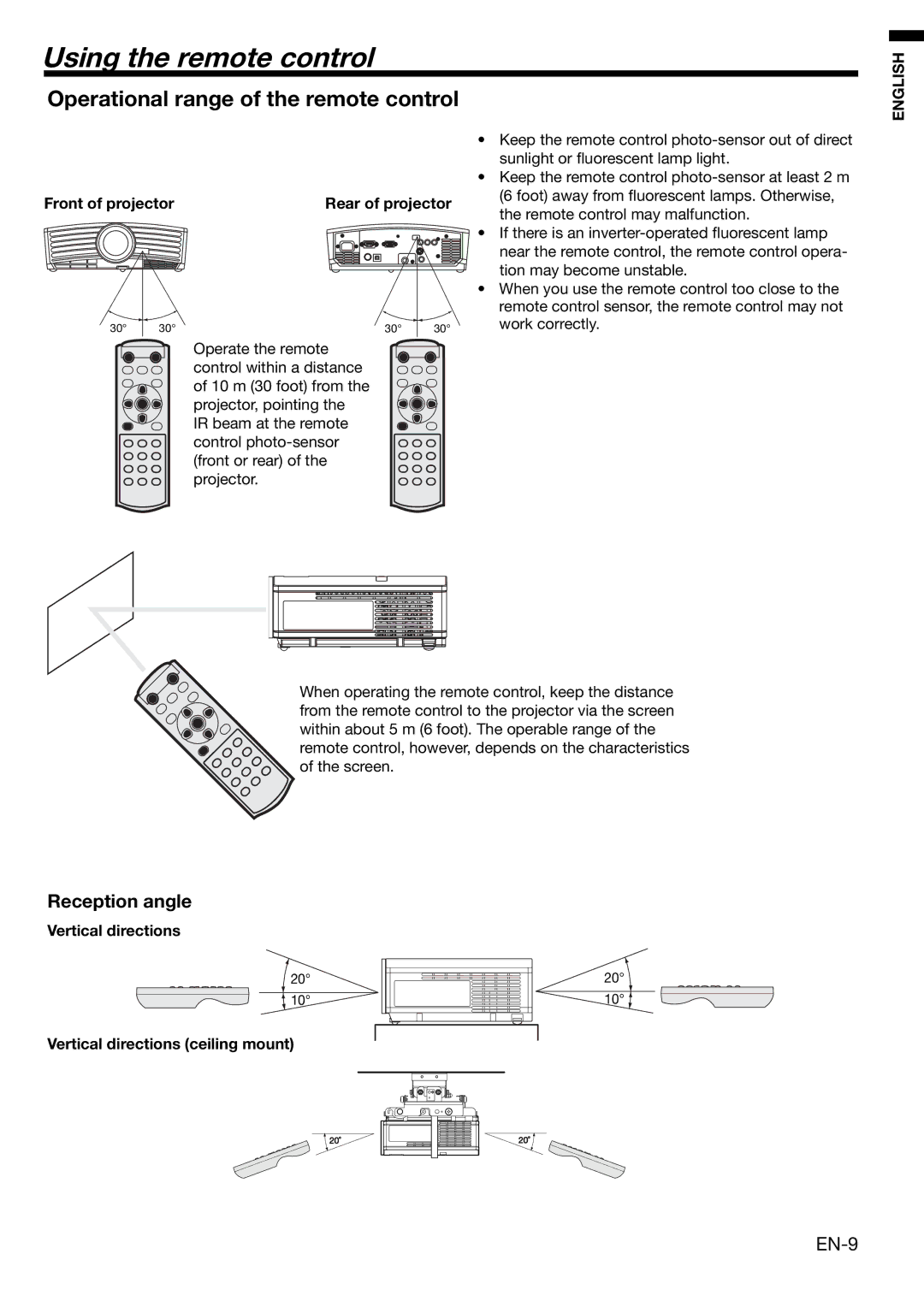 Mitsubishi Electronics HC3000 Using the remote control, Operational range of the remote control, Reception angle, EN-9 