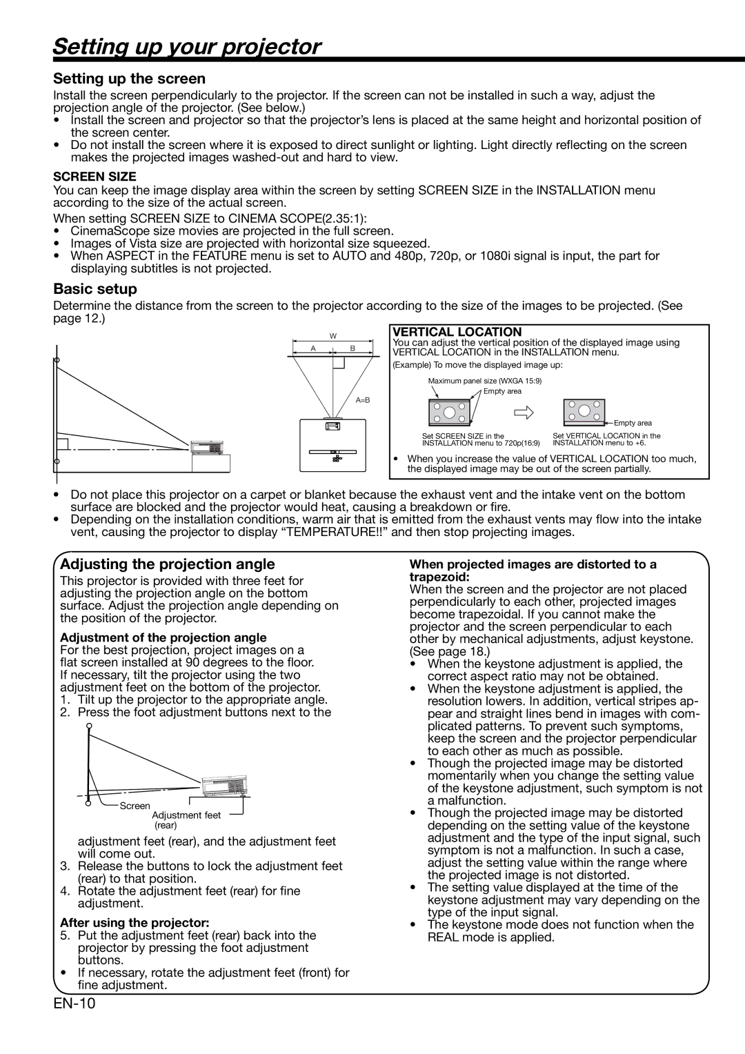 Mitsubishi Electronics HC3000 user manual Setting up your projector, Setting up the screen, Basic setup, EN-10 