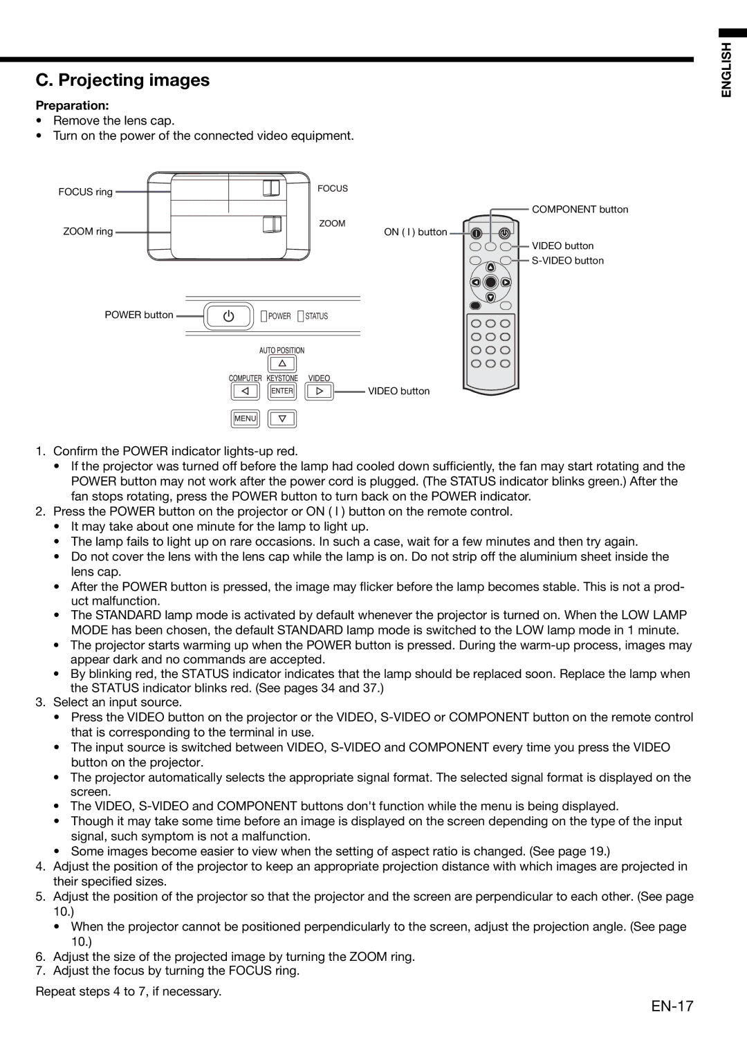 Mitsubishi Electronics HC3000 user manual Projecting images, EN-17 