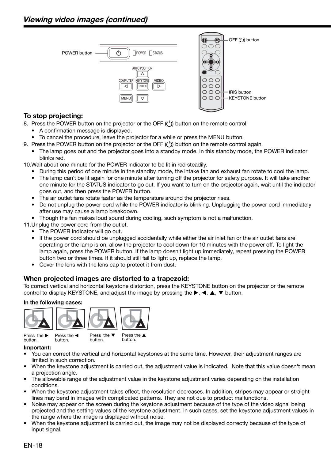 Mitsubishi Electronics HC3000 user manual To stop projecting, When projected images are distorted to a trapezoid, EN-18 