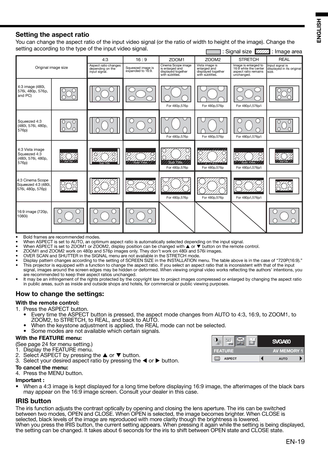 Mitsubishi Electronics HC3000 user manual Setting the aspect ratio, How to change the settings, Iris button, EN-19 