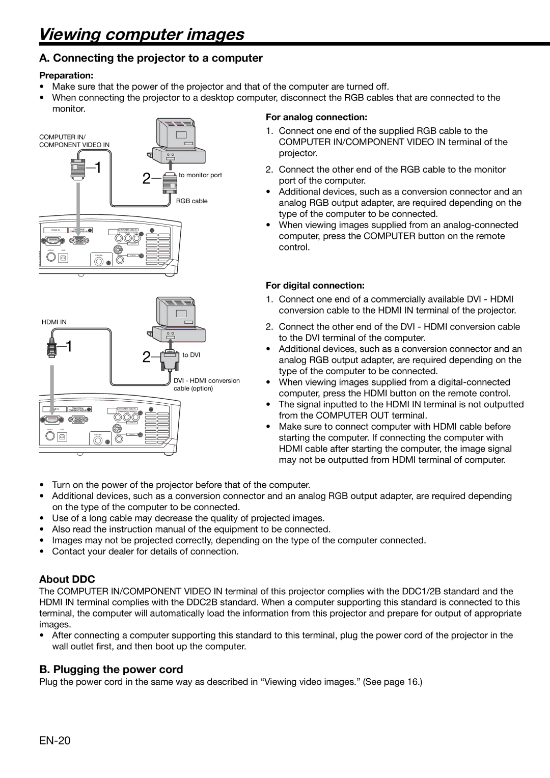 Mitsubishi Electronics HC3000 Viewing computer images, Connecting the projector to a computer, Plugging the power cord 