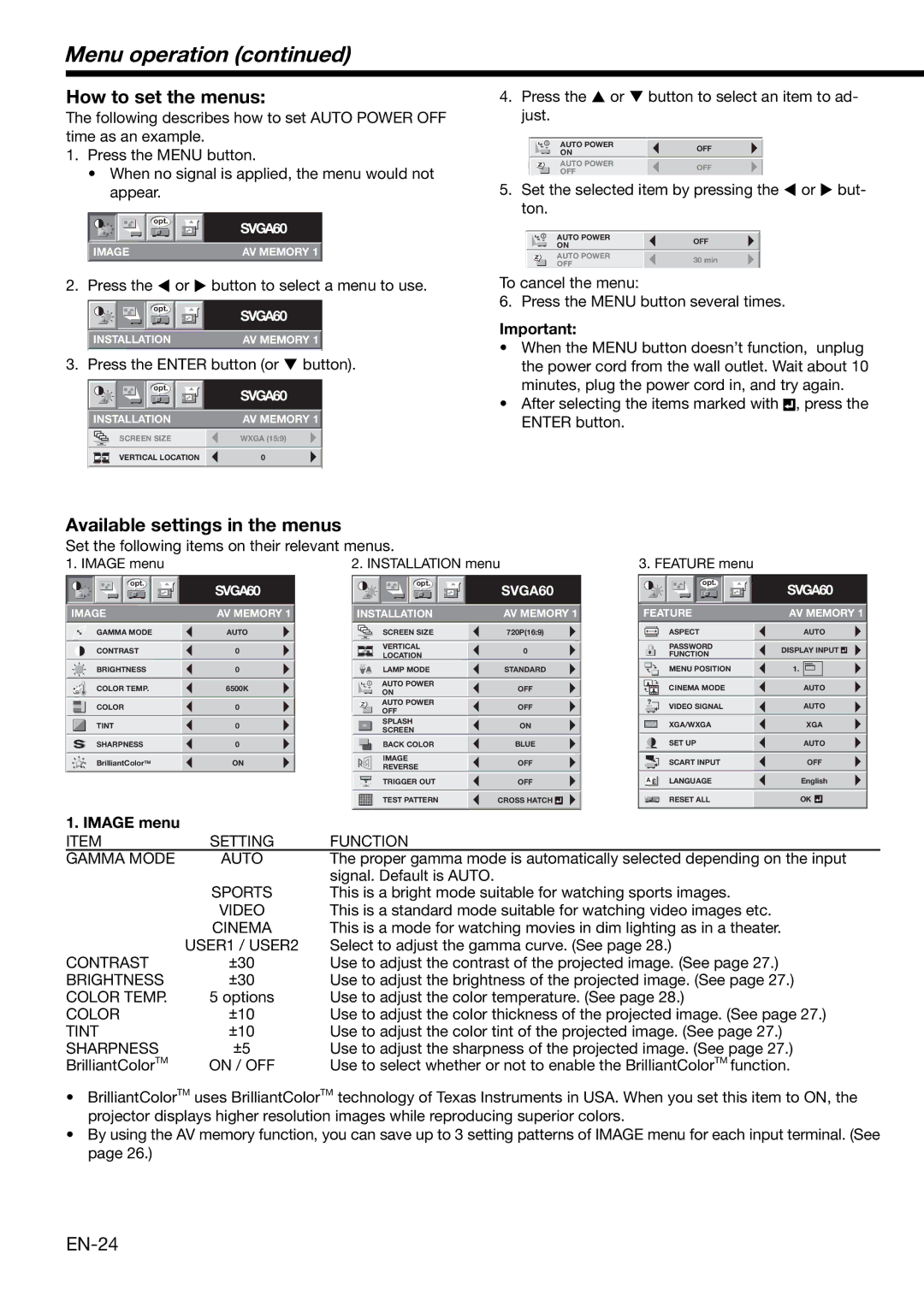 Mitsubishi Electronics HC3000 Menu operation, How to set the menus, Available settings in the menus, EN-24, Image menu 