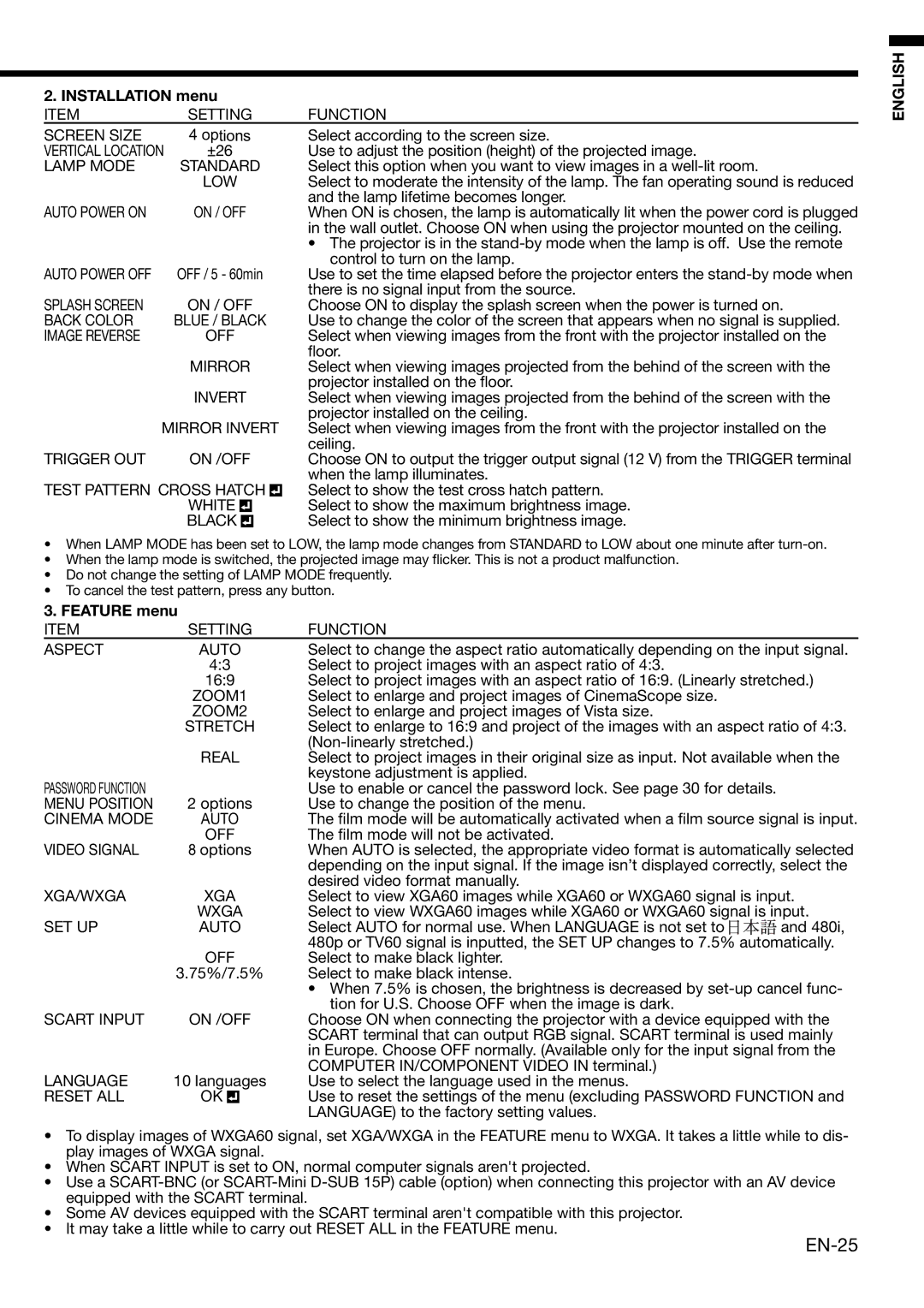 Mitsubishi Electronics HC3000 user manual EN-25, Installation menu, Feature menu 