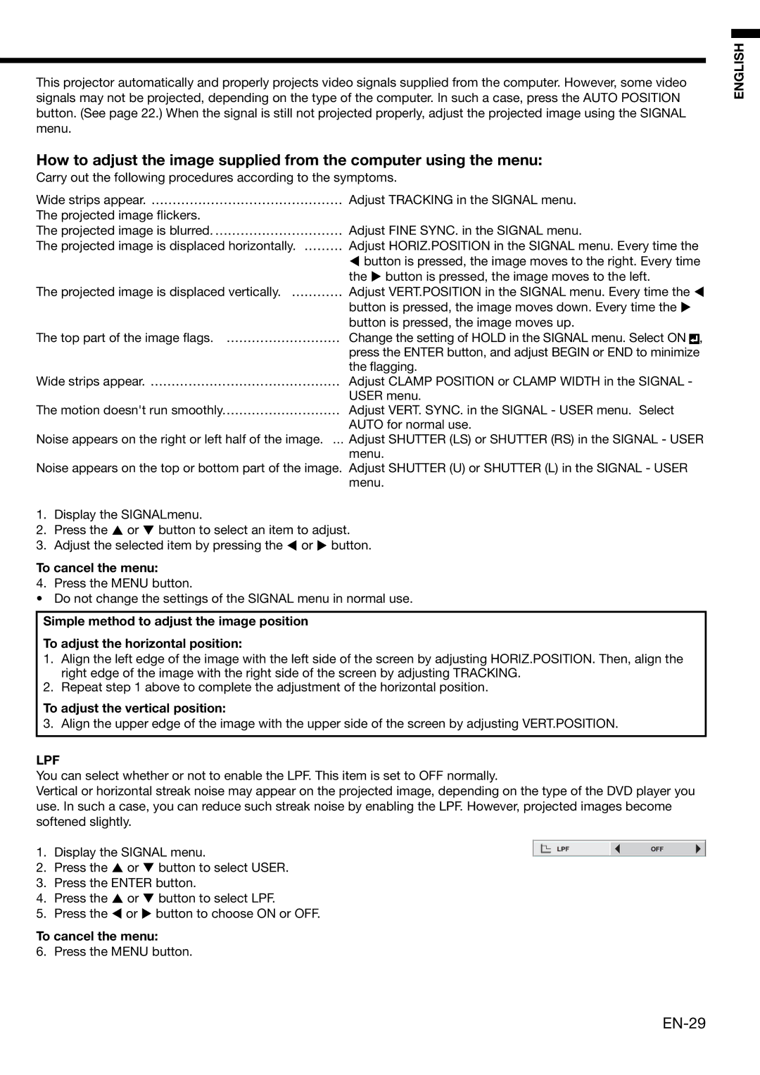 Mitsubishi Electronics HC3000 user manual EN-29, To adjust the vertical position 