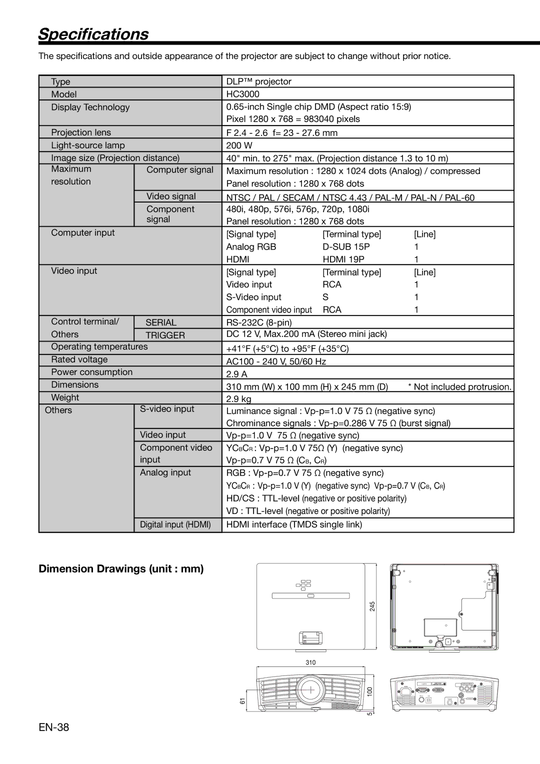 Mitsubishi Electronics HC3000 user manual Speciﬁcations, Dimension Drawings unit mm, EN-38 