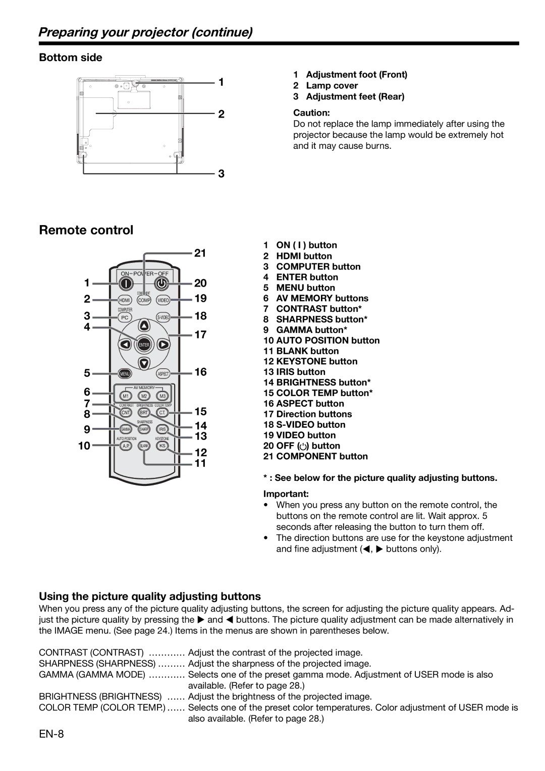 Mitsubishi Electronics HC3000 user manual Preparing your projector continue, Remote control, Bottom side, EN-8 