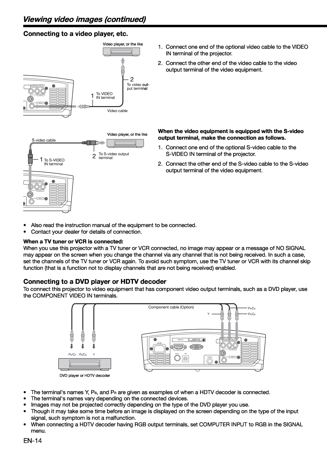 Mitsubishi Electronics HC3000 user manual Viewing video images continued, Connecting to a video player, etc 
