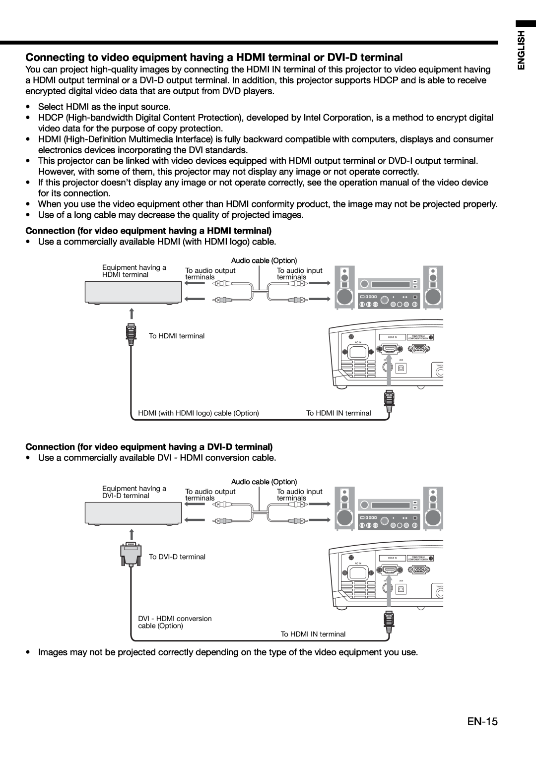 Mitsubishi Electronics HC3000 user manual EN-15, Connection for video equipment having a HDMI terminal, English 