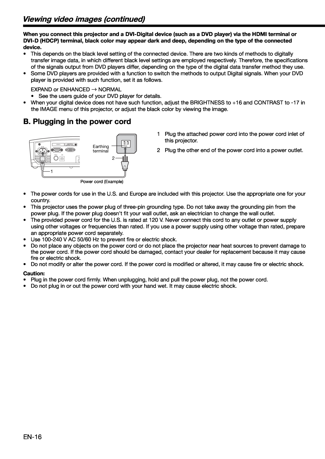 Mitsubishi Electronics HC3000 user manual B. Plugging in the power cord, Viewing video images continued, EN-16 