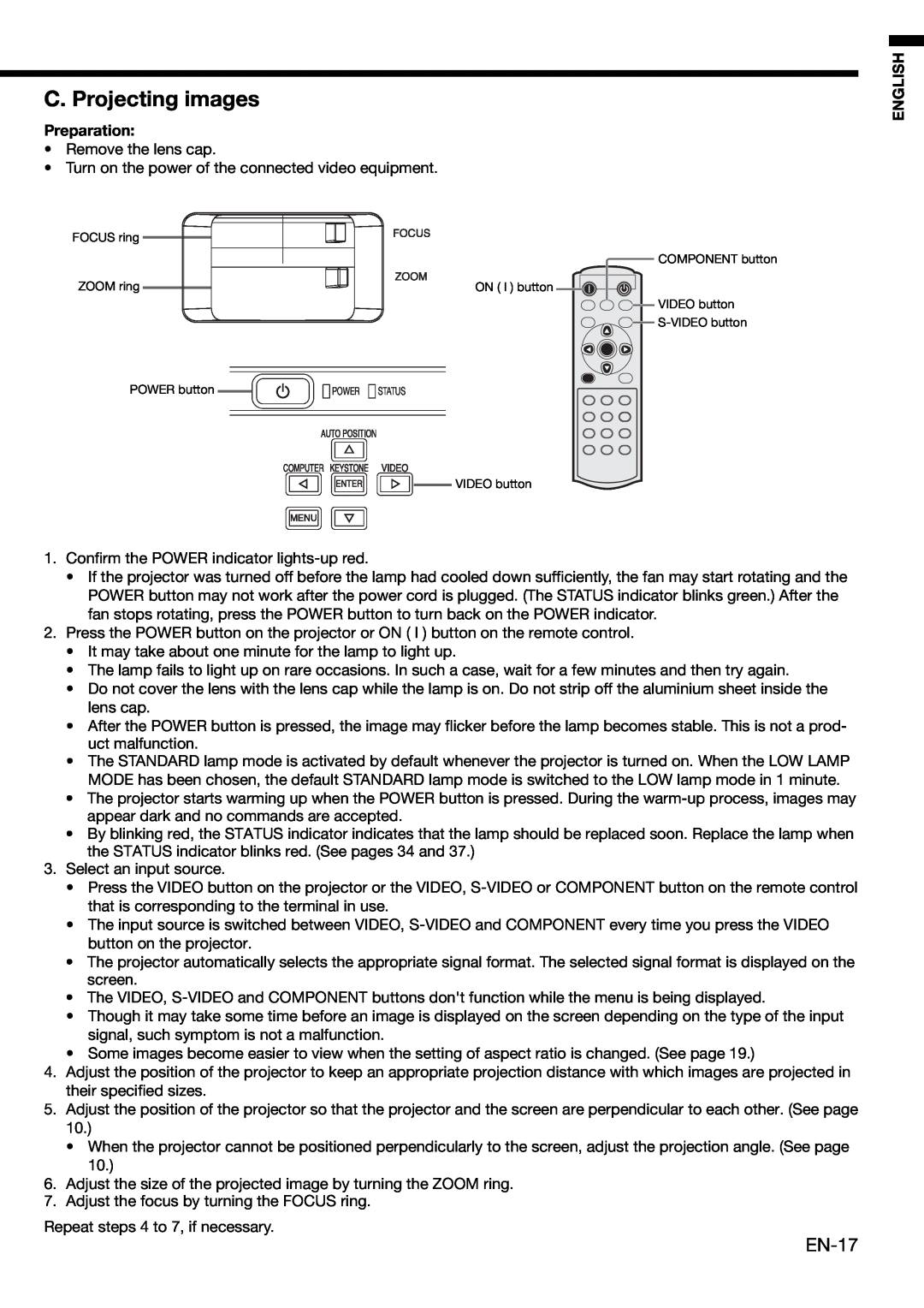 Mitsubishi Electronics HC3000 user manual C. Projecting images, EN-17, Preparation, English 