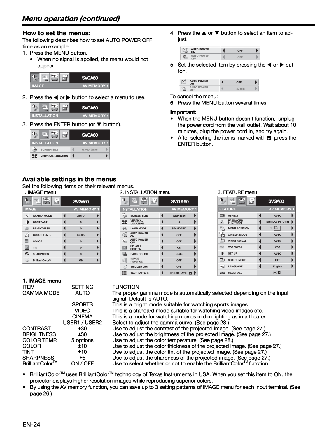 Mitsubishi Electronics HC3000 Menu operation continued, How to set the menus, Available settings in the menus, IMAGE menu 