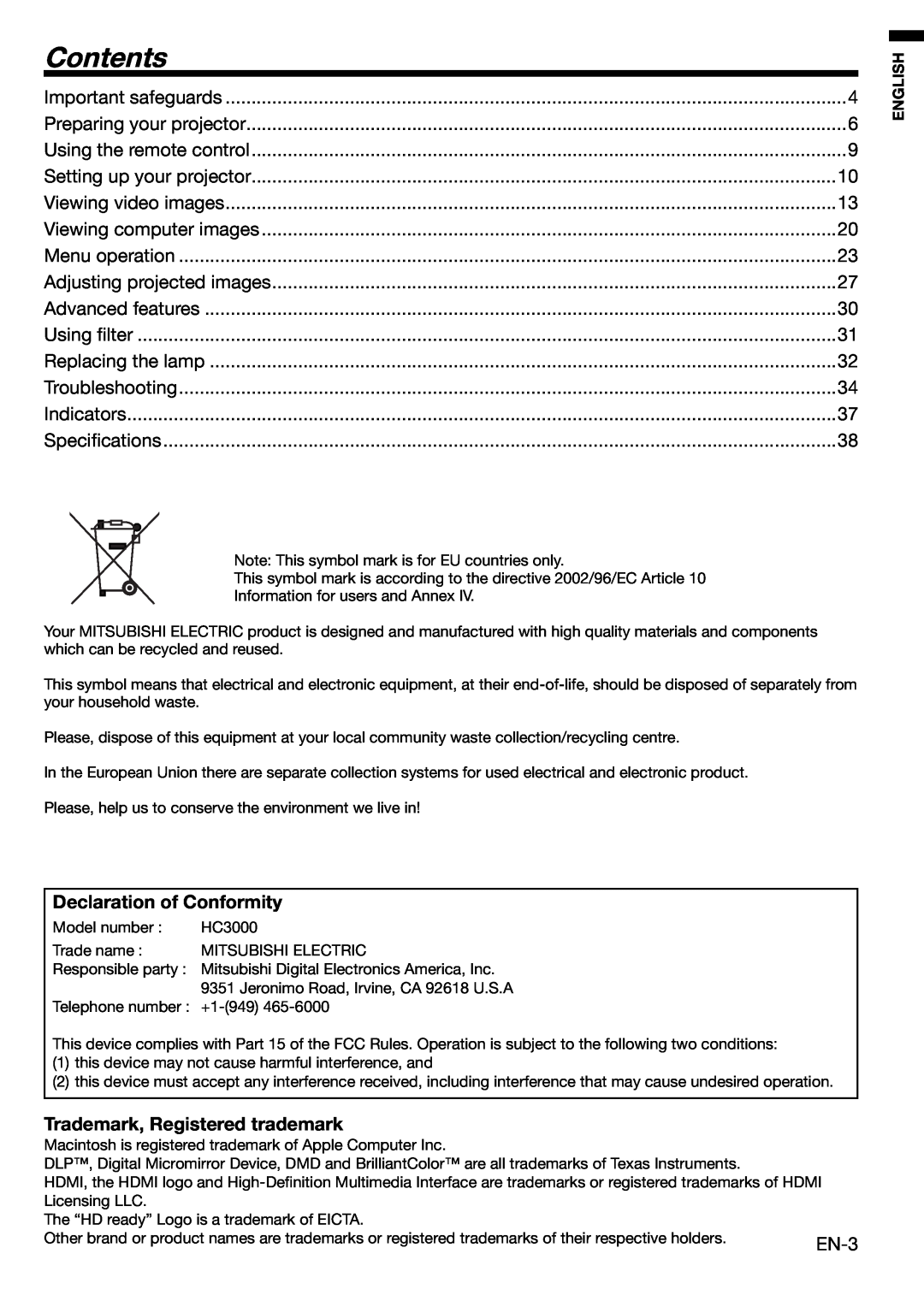 Mitsubishi Electronics HC3000 user manual Contents, Declaration of Conformity, Trademark, Registered trademark 