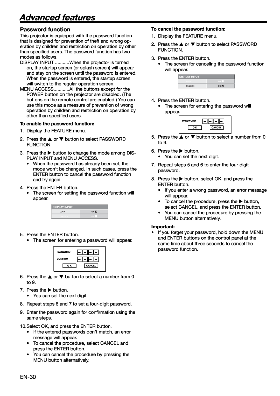 Mitsubishi Electronics HC3000 user manual Advanced features, Password function, To enable the password function 