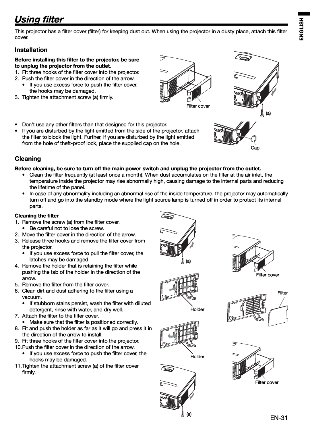 Mitsubishi Electronics HC3000 user manual Using ﬁlter, Installation, English, Cleaning the ﬁlter 