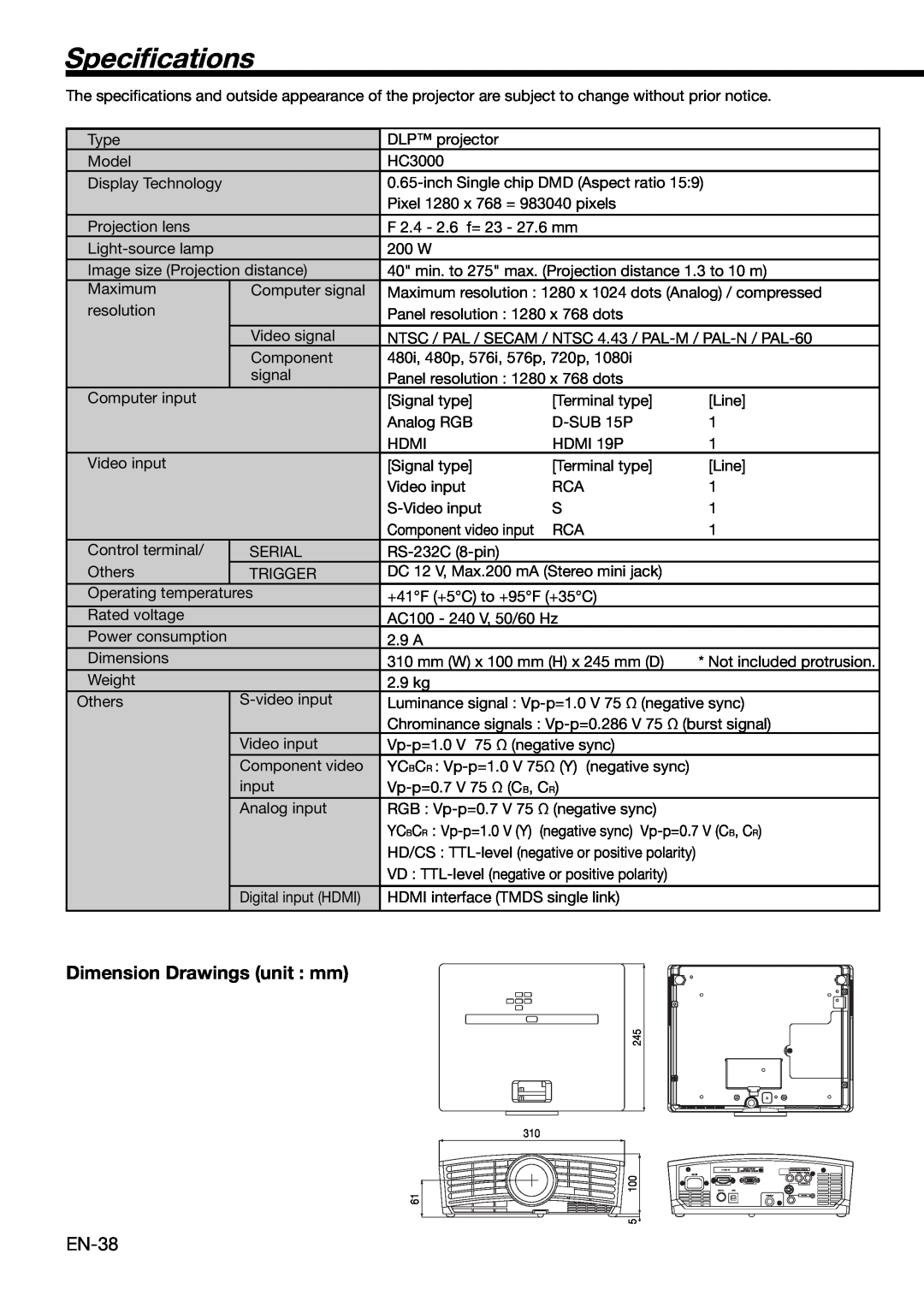 Mitsubishi Electronics HC3000 user manual Speciﬁcations, Dimension Drawings unit mm 