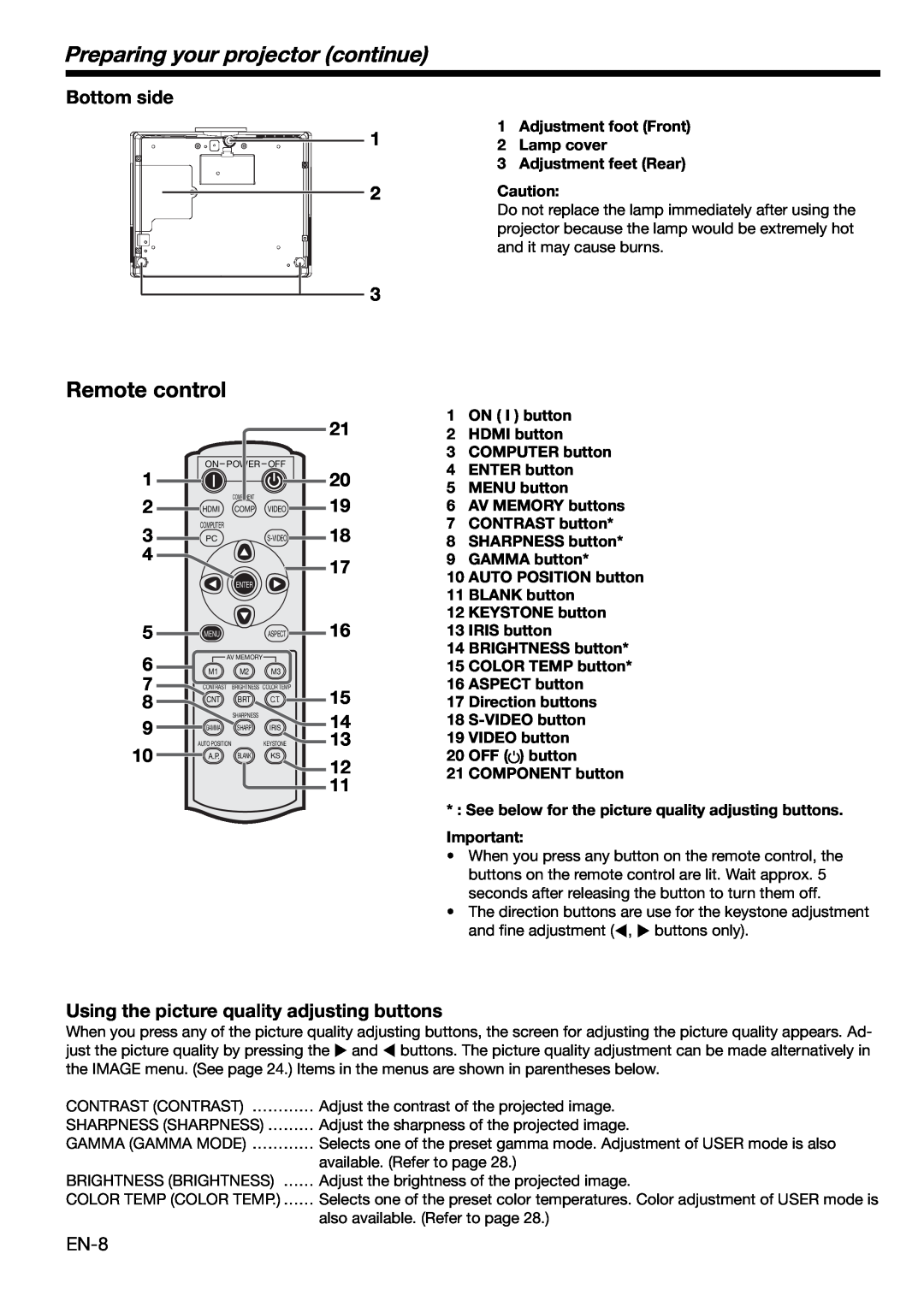Mitsubishi Electronics HC3000 user manual Preparing your projector continue, Remote control, Bottom side, COMPONENT button 