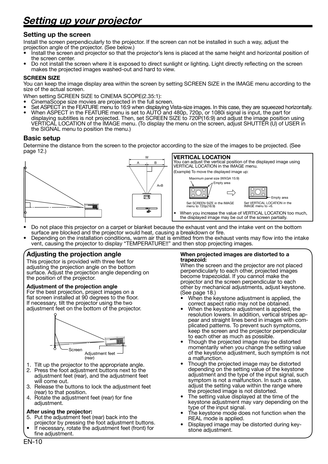 Mitsubishi Electronics HC3100 user manual Setting up your projector, Setting up the screen, Basic setup, EN-10 