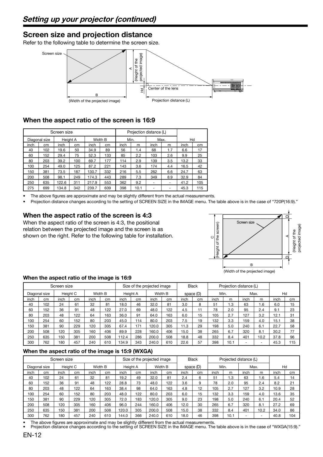 Mitsubishi Electronics HC3100 user manual Setting up your projector, Screen size and projection distance, EN-12 