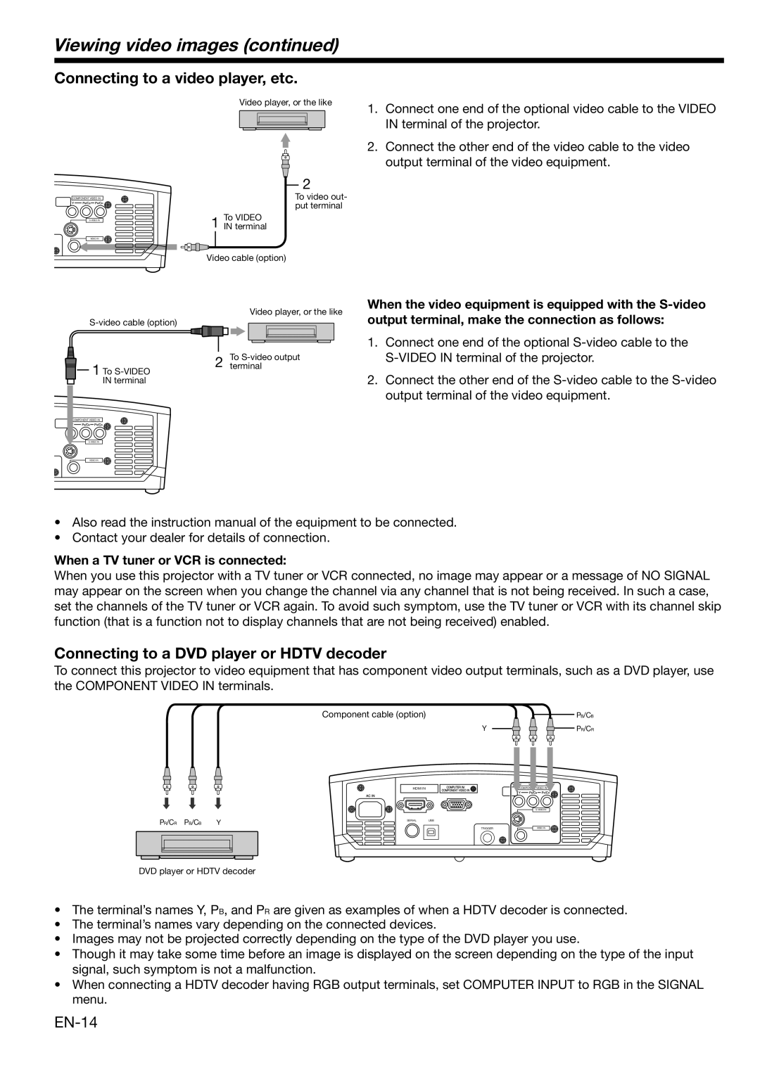 Mitsubishi Electronics HC3100 user manual Viewing video images, Connecting to a video player, etc, EN-14 