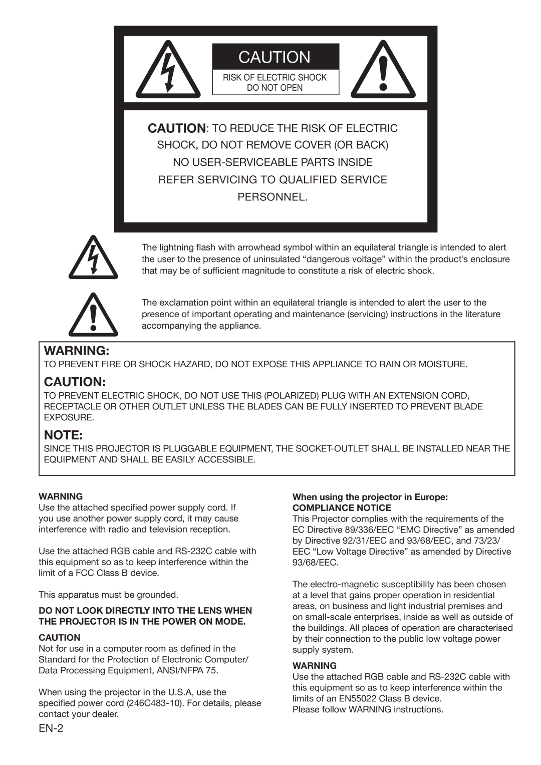 Mitsubishi Electronics HC3100 user manual EN-2, Risk of Electric Shock Do not Open, When using the projector in Europe 