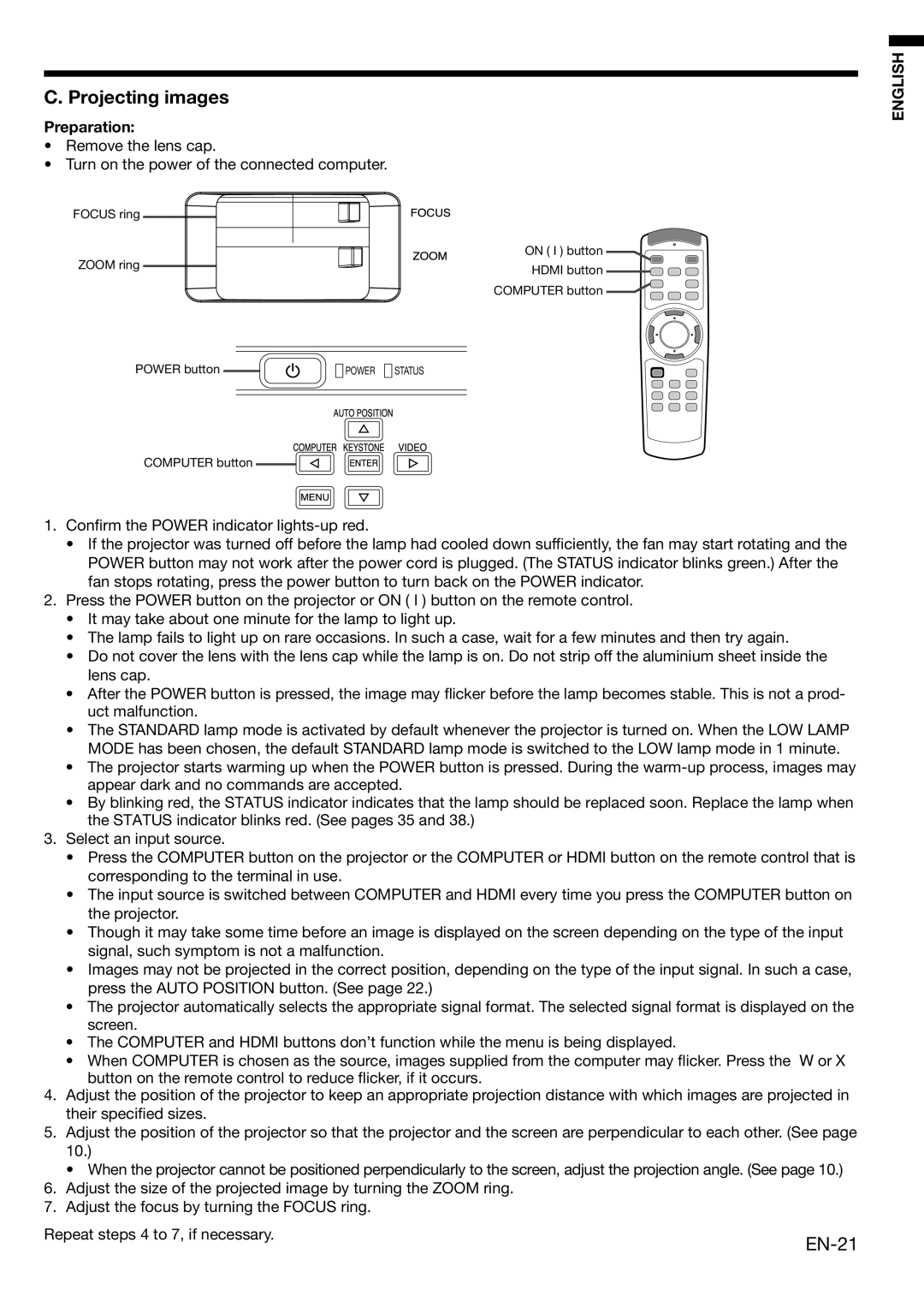 Mitsubishi Electronics HC3100 user manual Projecting images, EN-21 