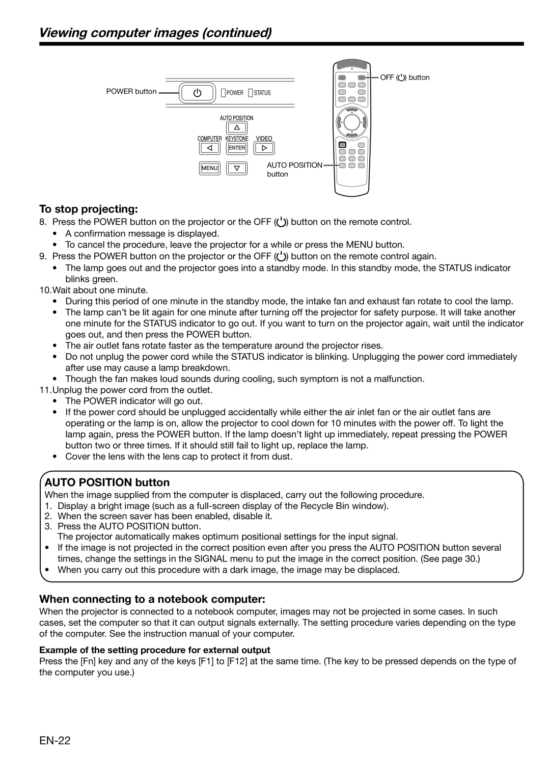 Mitsubishi Electronics HC3100 Viewing computer images, Auto Position button, When connecting to a notebook computer, EN-22 