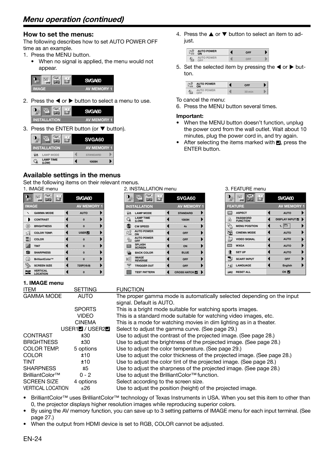 Mitsubishi Electronics HC3100 Menu operation, How to set the menus, Available settings in the menus, EN-24, Image menu 