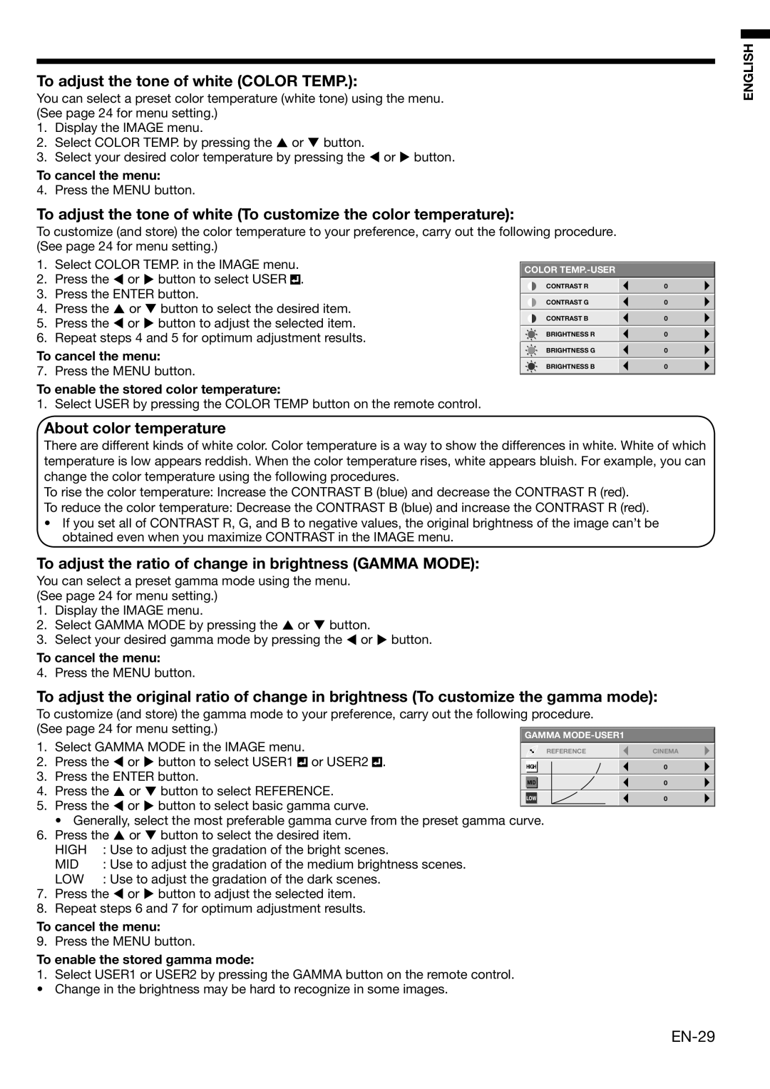 Mitsubishi Electronics HC3100 user manual To adjust the tone of white Color Temp, About color temperature, EN-29 