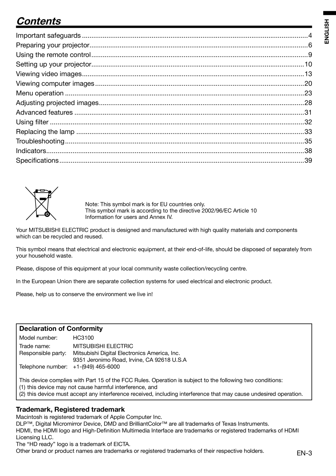 Mitsubishi Electronics HC3100 user manual Contents 