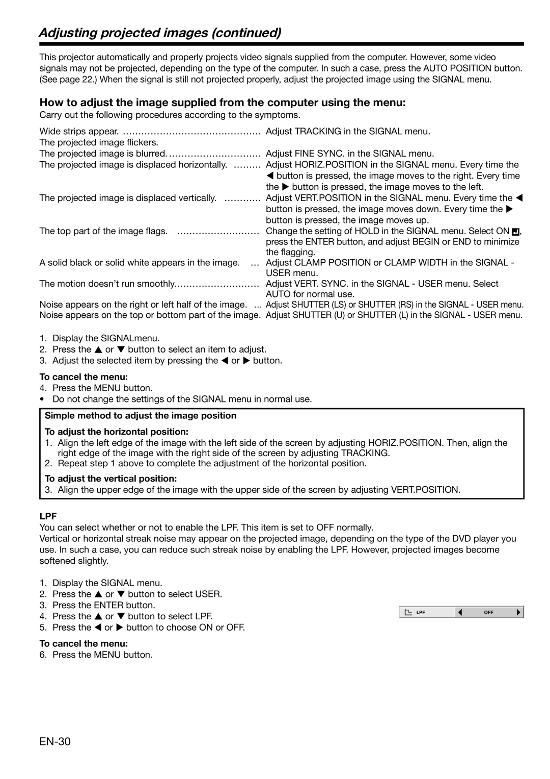 Mitsubishi Electronics HC3100 user manual Adjusting projected images, EN-30, To adjust the vertical position 