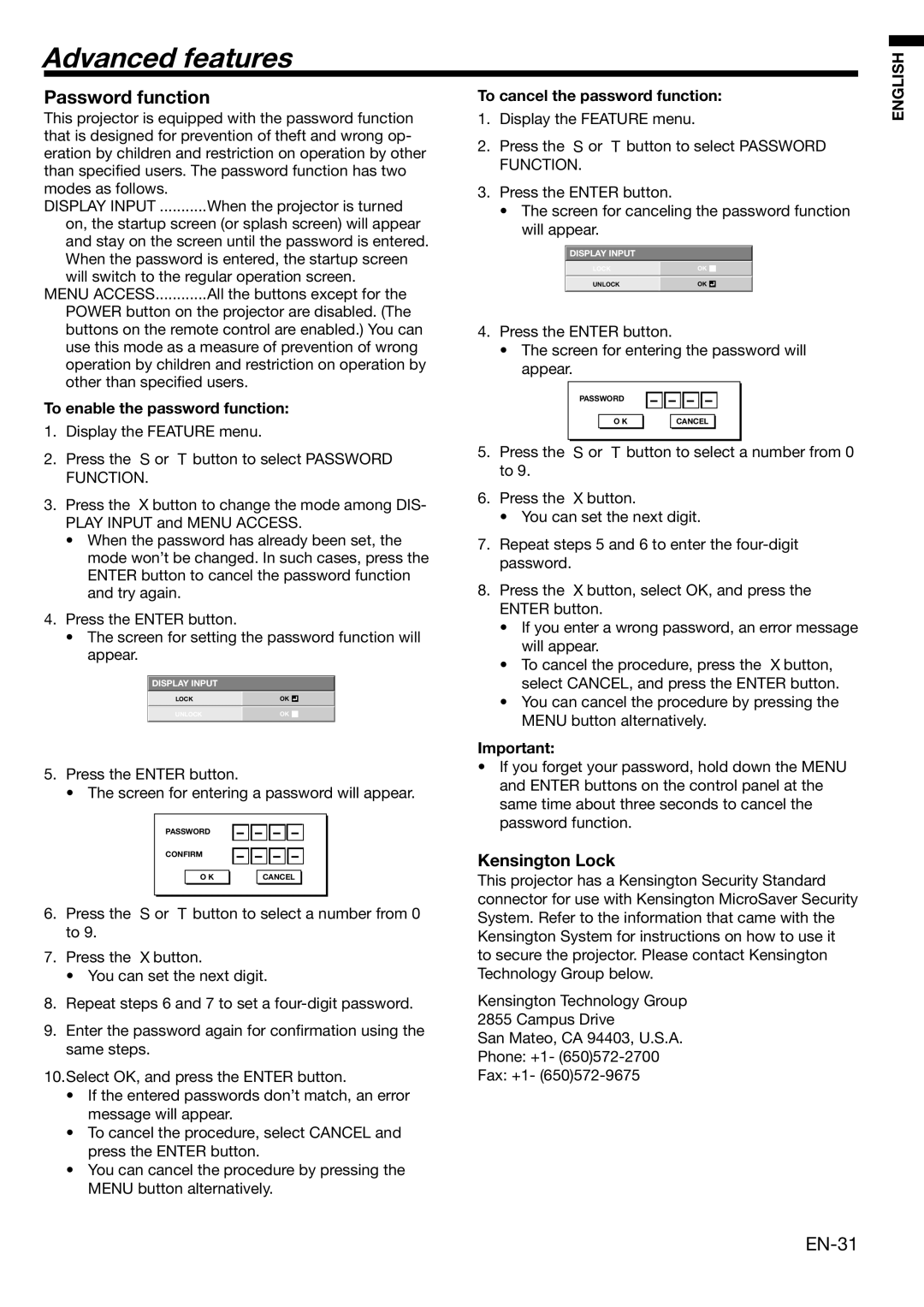 Mitsubishi Electronics HC3100 user manual Advanced features, Password function, EN-31, To enable the password function 